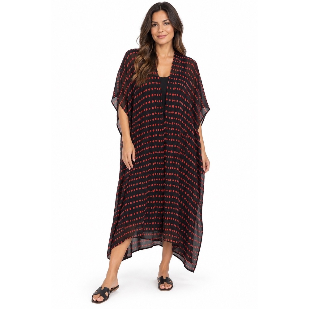 Loft Womens Black Red Dotted Open Front Kimono Wrap Cover Up M/L NWT